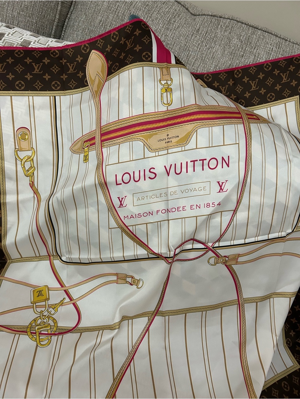 Louis Vuitton Brown Monogram Silk Scarf with Cream, Pink and Gold Accents - Picture 3 of 5